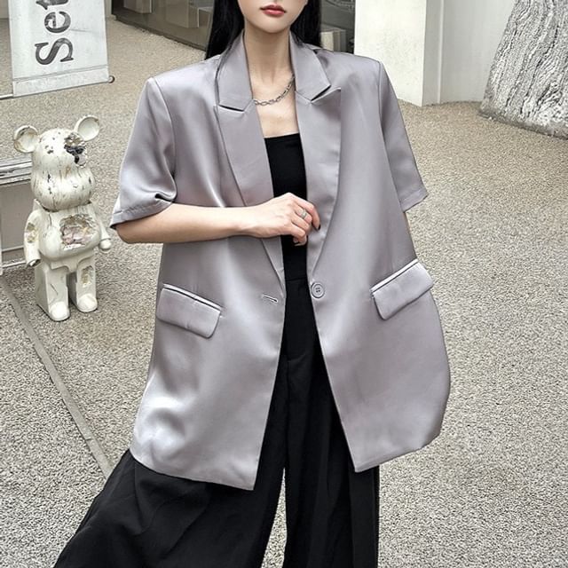Kenning-Short Sleeve Lapel Collar Plain Single Button Oversized Blazer