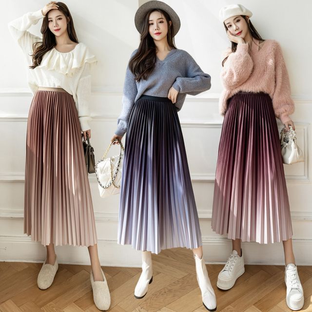 Sienne - Elastic Waist Gradient Midi A-Line Pleated Skirt | YesStyle