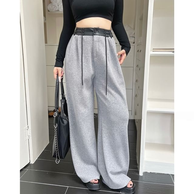tropibreeze-High Waist Two Tone Panel Baggy Pants