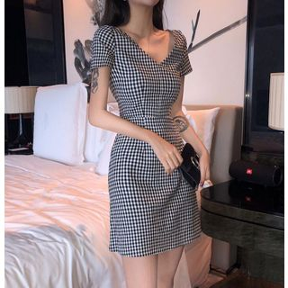 Kira Short Sleeve Plaid Mini A Line Dress