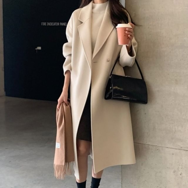 Jesong-Notch Lapel Double-Breasted Plain Long Coat