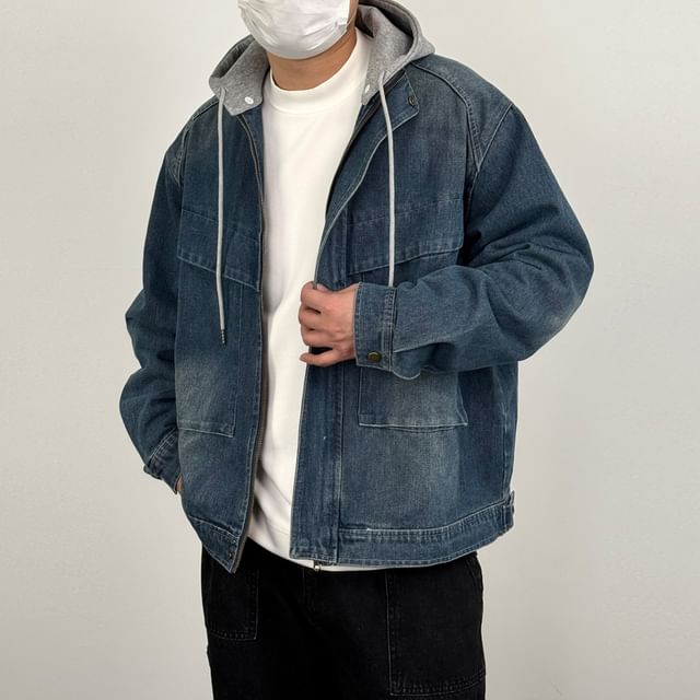 DragonRoad-Washed Panel Hood Zip Denim Jacket