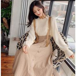 MAVIS - Set: Long-Sleeve Frill Trim Chiffon Blouse + Gingham A-Line Midi Suspender Skirt MAVIS - Set: Long-Sleeve Frill Trim Chiffon Blouse + Gingham A-Line Midi Suspender Skirt