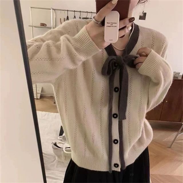 ISSOL-Tie Neck Contrast Trim Button Up Cardigan