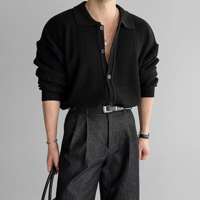 Okwano-Collar Plain Ribbed Cardigan