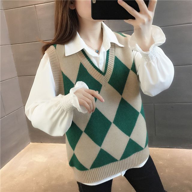 Ichimiu - Plain Shirt / Argyle Sweater 