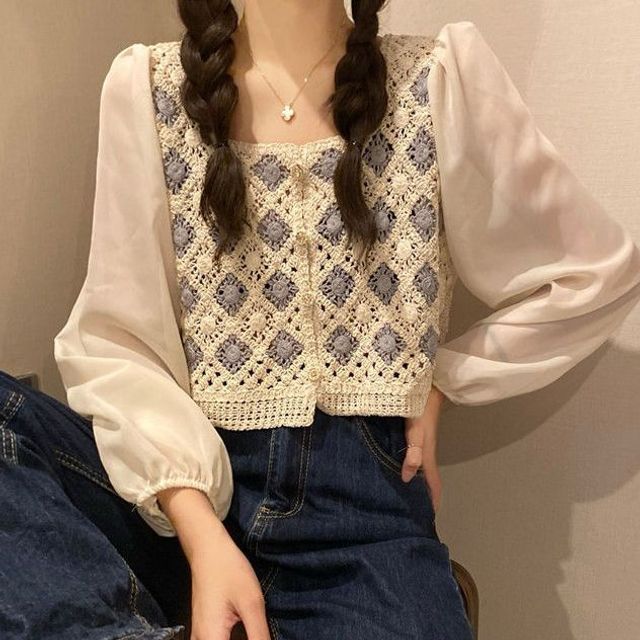 Essere-Long-Sleeve Knit Panel Blouse