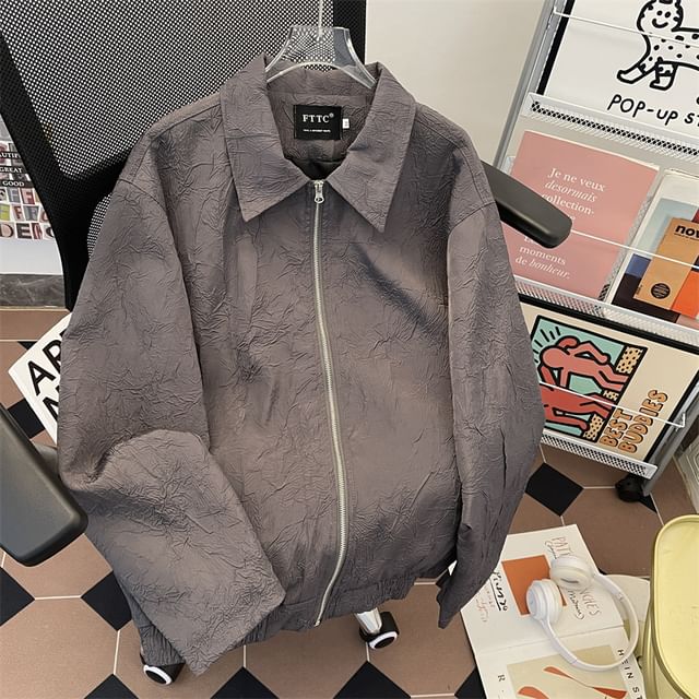 Plummie-Collared Plain Textured Zip Up Oversized Jacket