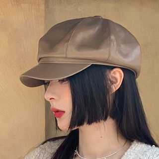 Pompabee-Faux Leather Newsboy Cap