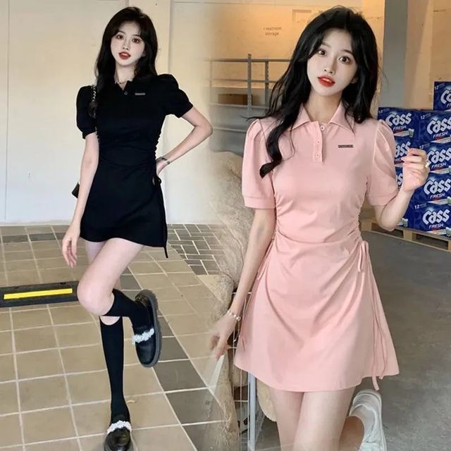 CRIBI-Short-Sleeve Collar Drawstring Mini A-Line Dress