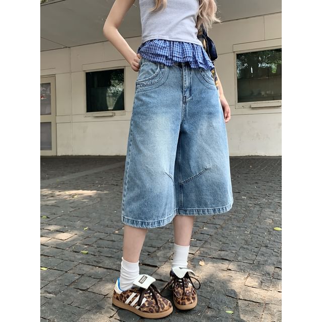 Beem-Mid Rise Washed Capri Wide Leg Jeans