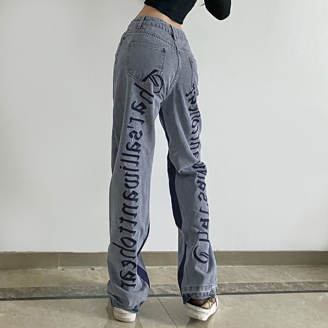High-Waist Lettering Straight Leg Jeans 
