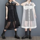 Shinobu - Short Sleeve Collared Plain Panel Mesh Midi A-Line Shirt Dress | YesStyle
