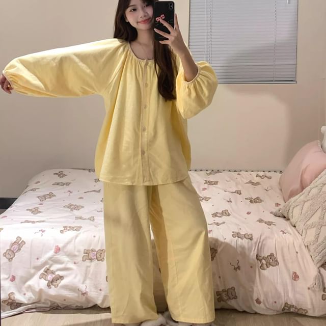 GOUB-Pajama Set Puff-Sleeve Plain Shirt Pants