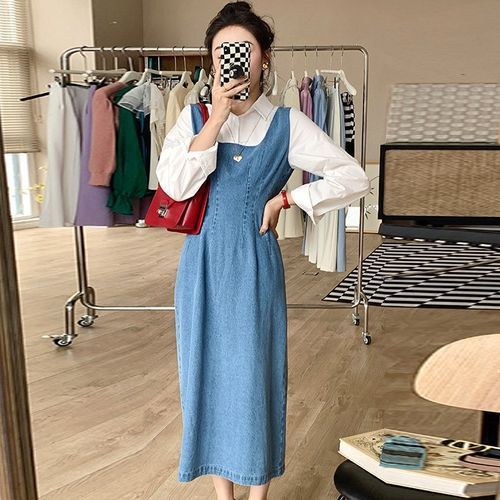 Apotheosis - Long Sleeve Collar Denim Panel Mock Two Piece Dress