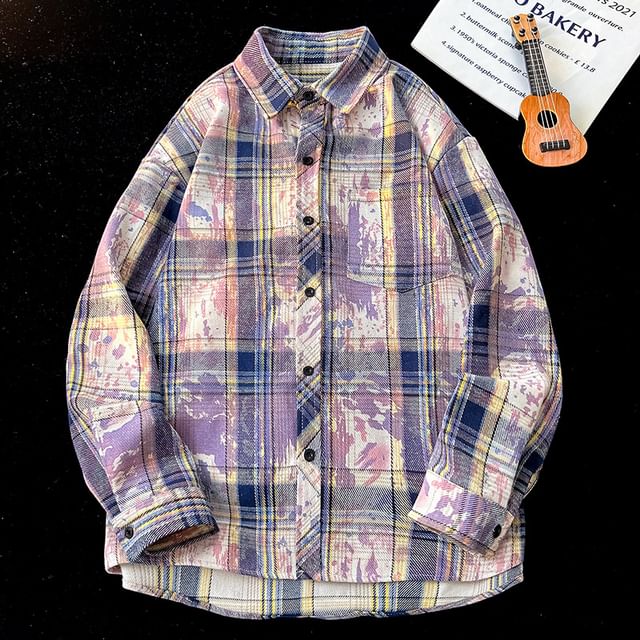 YIKES-Long Sleeve Collared Plaid Shirt