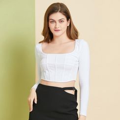 YS by YesStyle - Eco-Friendly Long-Sleeve Square-Neck Crop Top