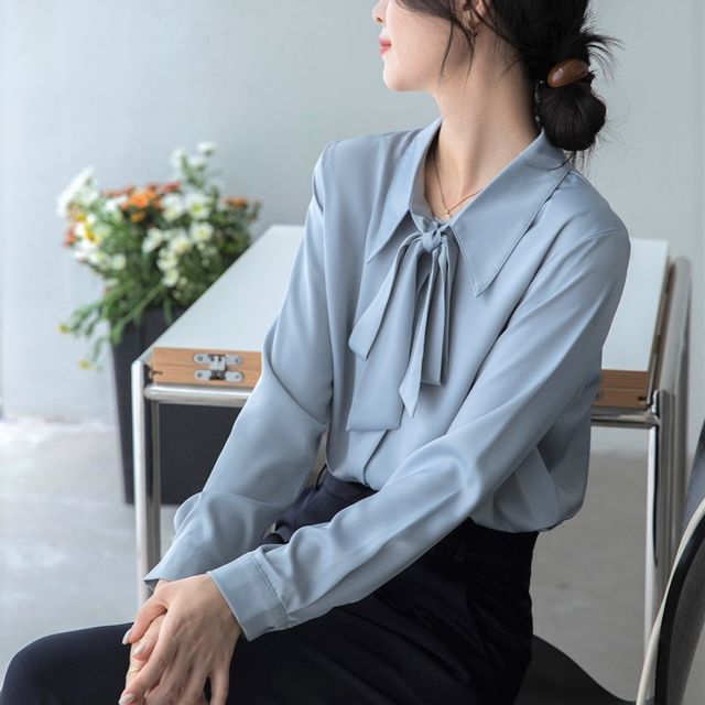 clarey - Long-Sleeve Tie-Neck Plain Blouse