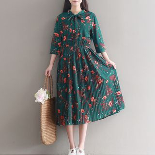 Snow Flower - 3/4-Sleeve Tie-Front Floral Pleated Midi Dress | YesStyle