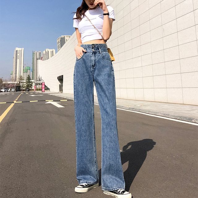 Everose-High Waist Washed Button-Fly Loose Fit Jeans