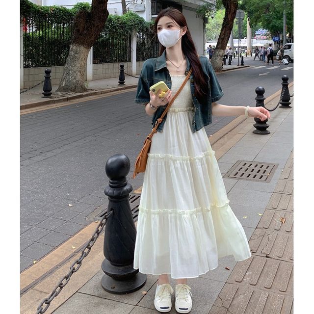 Cropped Short Denim Jacket With Dress Cossita Short-Sleeve Crop