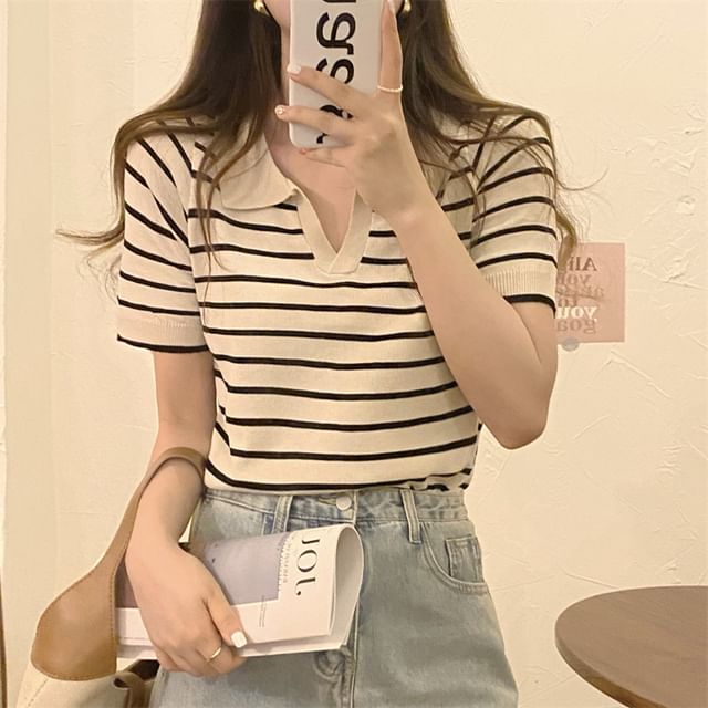 Sienne-Short-Sleeve Collared Striped Knit Top