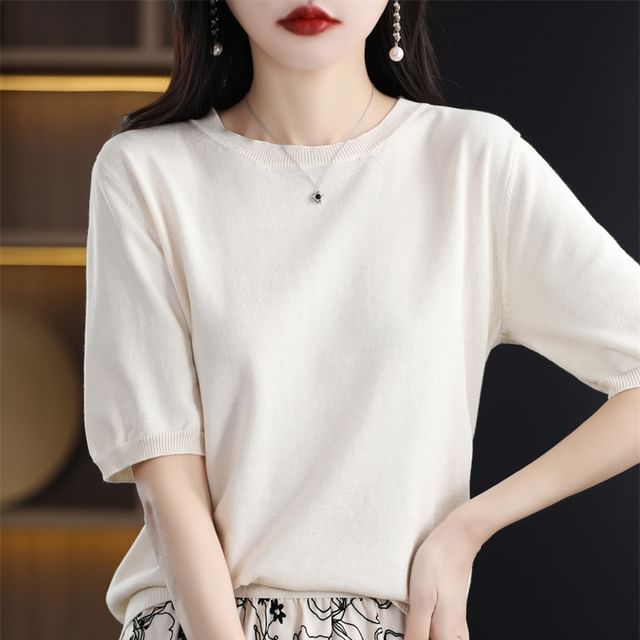 Weelop-Elbow-Sleeve Crew Neck Plain Knit Top