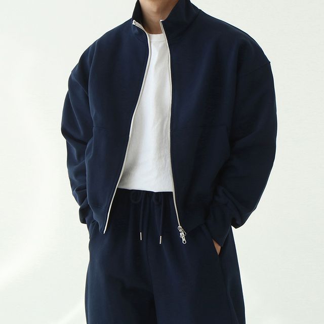 Okwano-Stand Collar Plain Double-Ended Zip Jacket