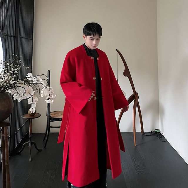 Patow-Square Neck Plain Single Breasted Long Coat