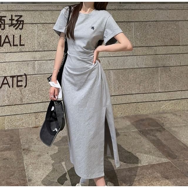 Pickxy - Short-Sleeve Crew Neck Embroidered Slit Midi T-Shirt Dress |  YesStyle