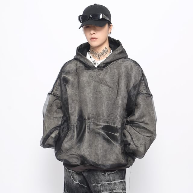 Derbundy-Sheer Panel Mock Two Piece Oversized Hoodie