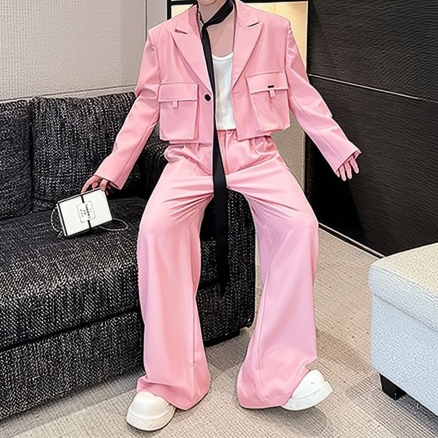 Adothuiastic-Set Peak Lapel One-Buttoned Plain Crop Cargo Blazer Mid Rise Wide Leg Dress Pants