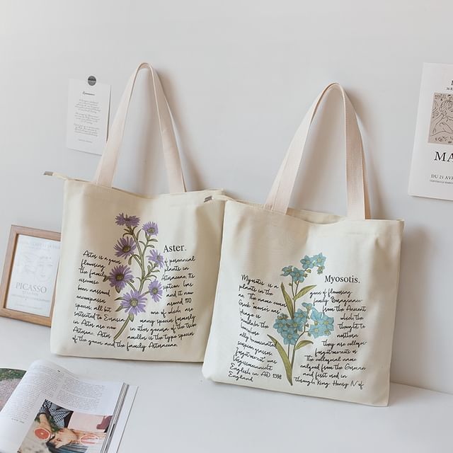 Flower Print Canvas Tote Bag