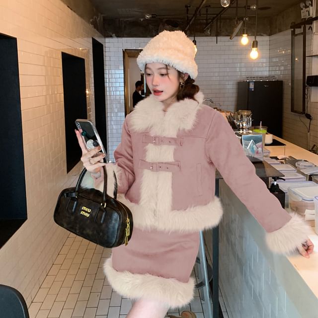 Sienne-Two Tone Fluffy Trim Buckled Jacket High Waist Mini Pencil Skirt Midi A-Line Skirt Set