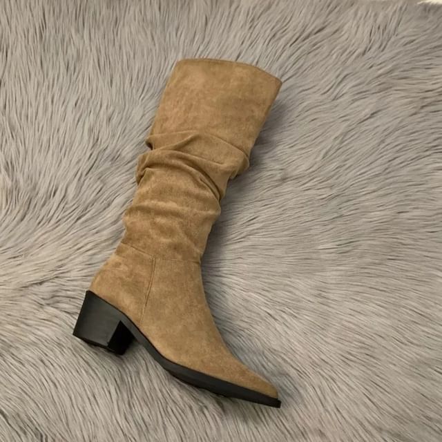 Karlao-Pointy Chunky Heel Tall Boots
