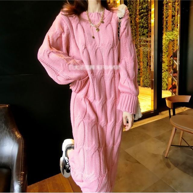 knee length dresses for ladies Pointelle Knitted Sweater Midi Dress Pink