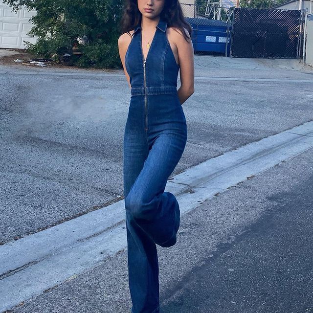 low cut denim jumpsuit