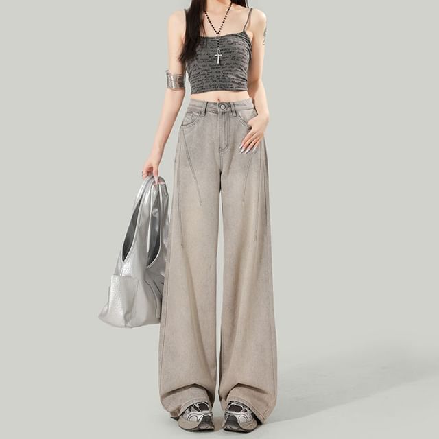 Denimot-Mid Waist Washed Baggy Jeans