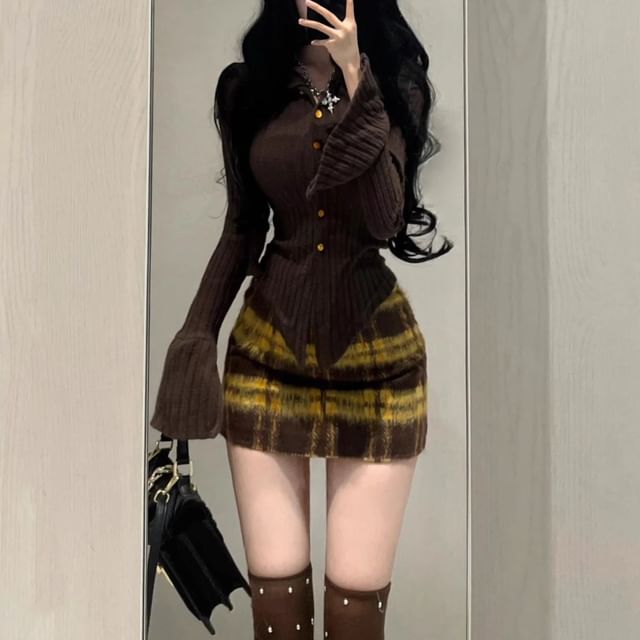 Ukiyo-Long Sleeve Collared Plain Button Ribbed Top High Waist Plaid Mini Pencil Skirt