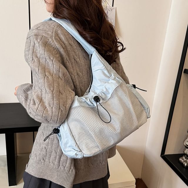 Hikuozy-Drawstring Panel Mesh Shoulder Bag