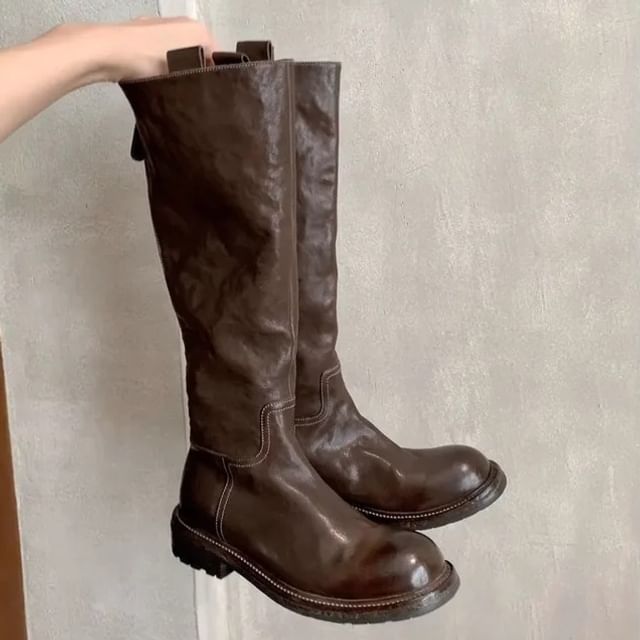 FRAISO-Platform Plain Zip-Up Genuine Leather Tall Boots