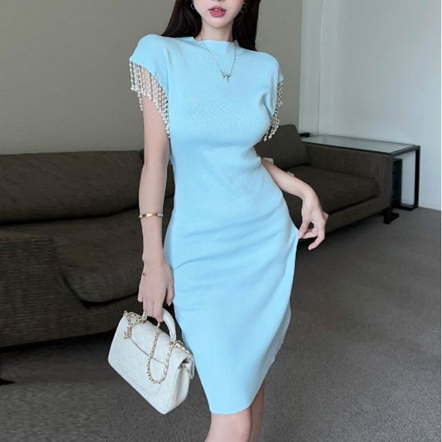 blue dress for baby girl LONG SLEEVE FULLY BEADED SHEATH GOWN CDCD0239
