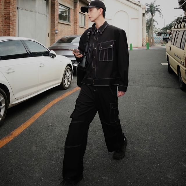Real Boy-Collared Contrast Stitch Button Cargo Jacket Mid Rise Straight Leg Cargo Pants