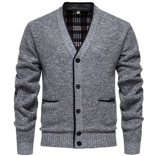 Aozora-V-Neck Plaid Lining Button-Up Cardigan