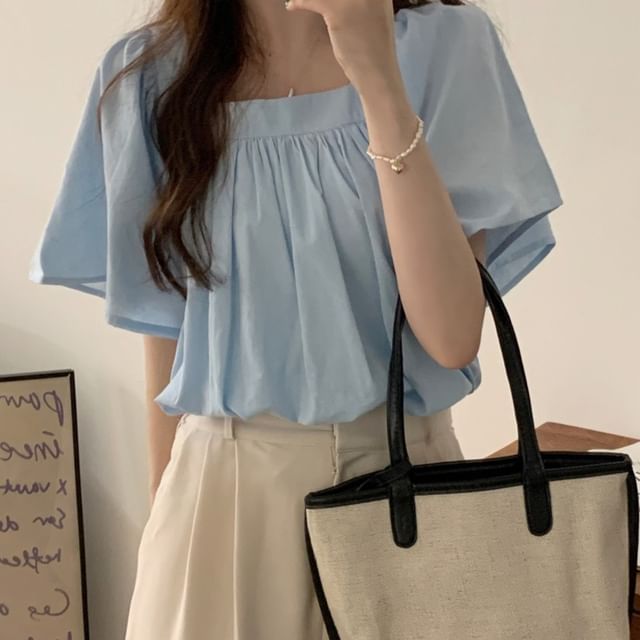 Bigfol-Short-Sleeve Square Neck Plain Blouse