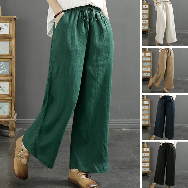 Supernova-Drawstring Waist Plain Cropped Wide Leg Pants