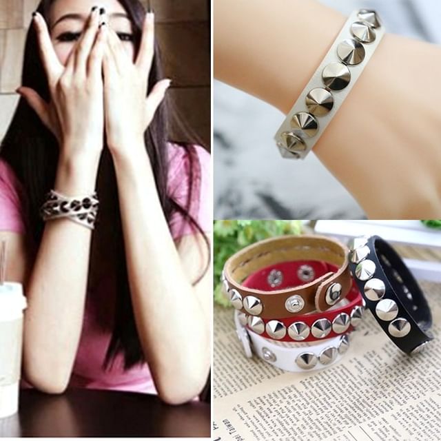 SURELIN-Alloy Stud Faux Leather Bracelet
