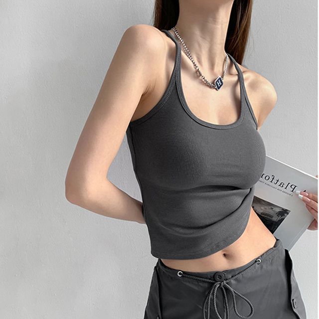 Dreamkura-Plain Ribbed Crop Camisole Top