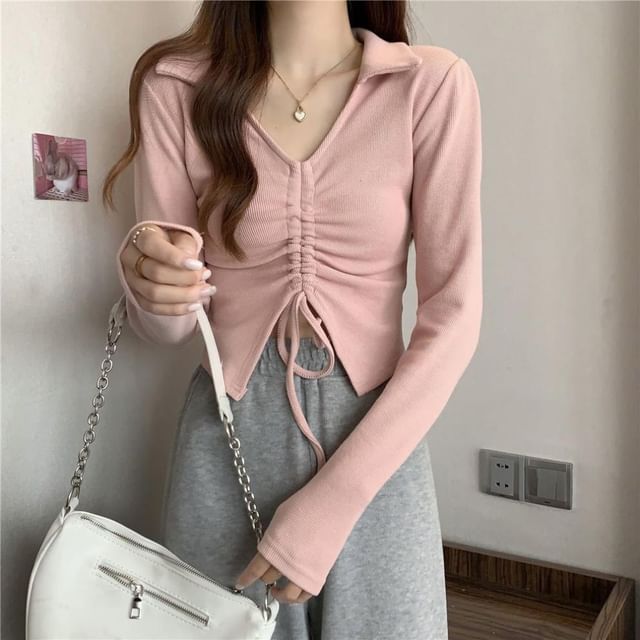 Sisyphi-Long-Sleeve V-Neck Plain Drawstring Front-Slit Cropped Tee