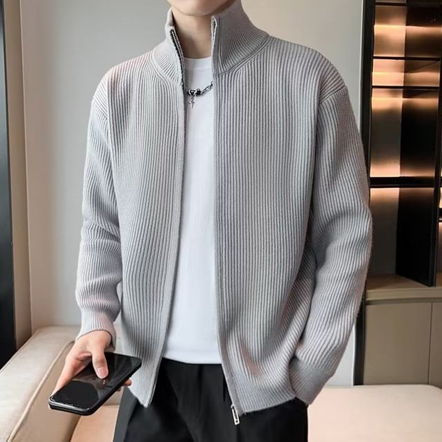 Nightbell-Stand Collar Plain Ribbed Zip Cardigan